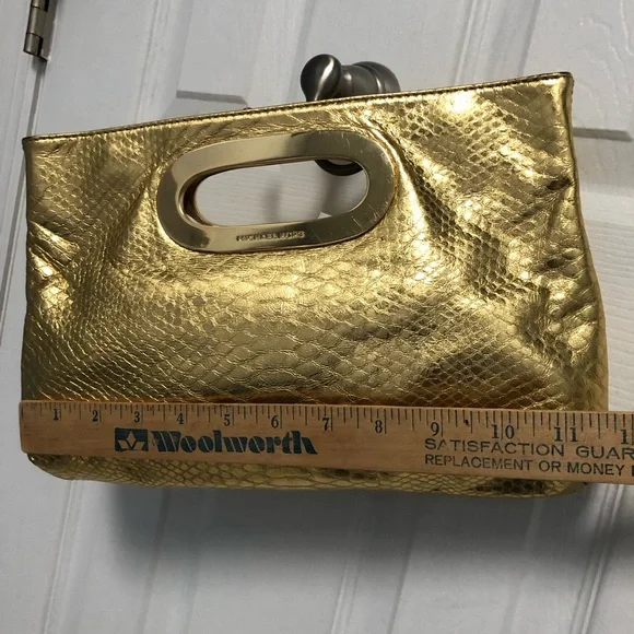 Michael Kors Berkeley Metallic Gold Leather Snakeskin Print Clutch Bag - Picture 9 of 12